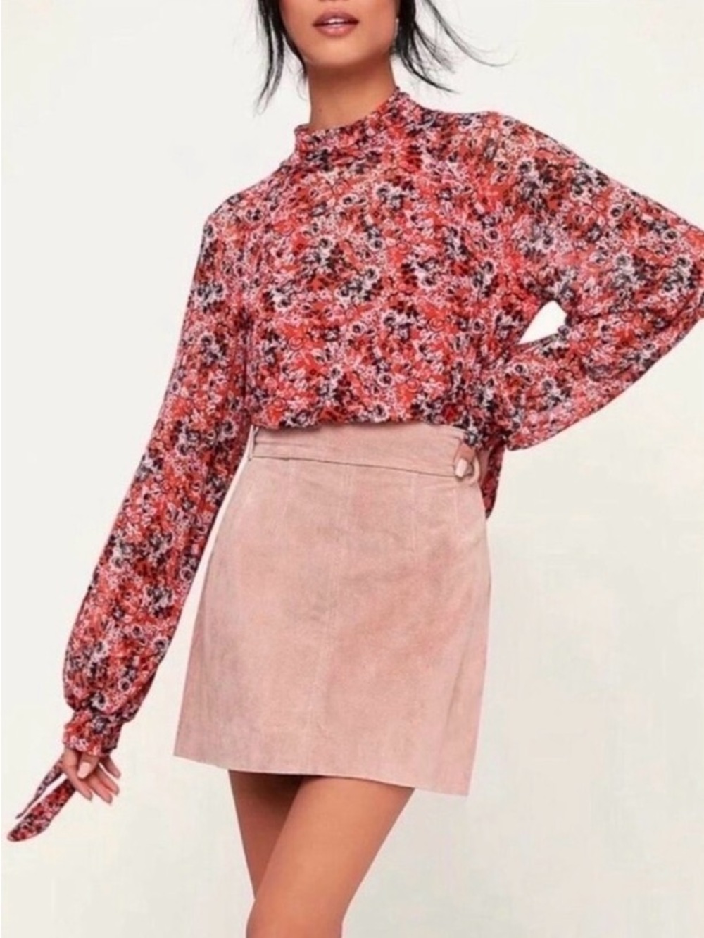 Free People All Dolled Up Floral Key Hole Mock Neck Blouse button closure